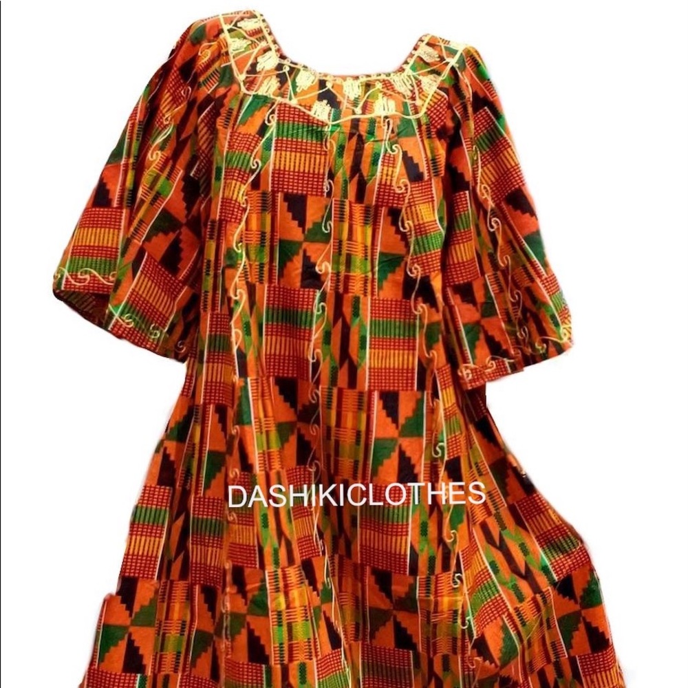 African Kente Dress With Scarf 100% Cotton Free Size Plus Size Umbrella Dress - Picture 3 of 3